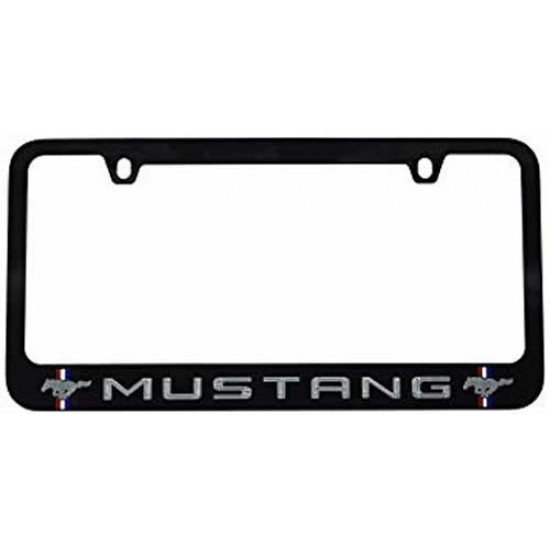 Black Metal License Plate Frame with MUSTANG and two Pony + Bar logos